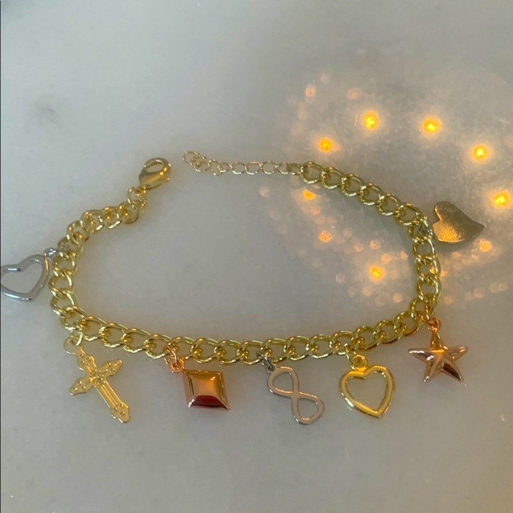NEW 14k Gold Plated Tri-Color Pendant CHARM Bracelet